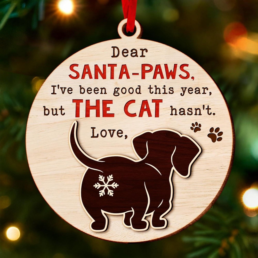 Dear Santa-Paws Funny Dog‎ Wooden Christmas Ornament Gift Boxed 3.5 Inch